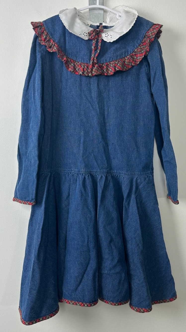 Vintage Polly Flinders Chambray Ruffle Plaid Dress Girls Size 6X Holiday A5